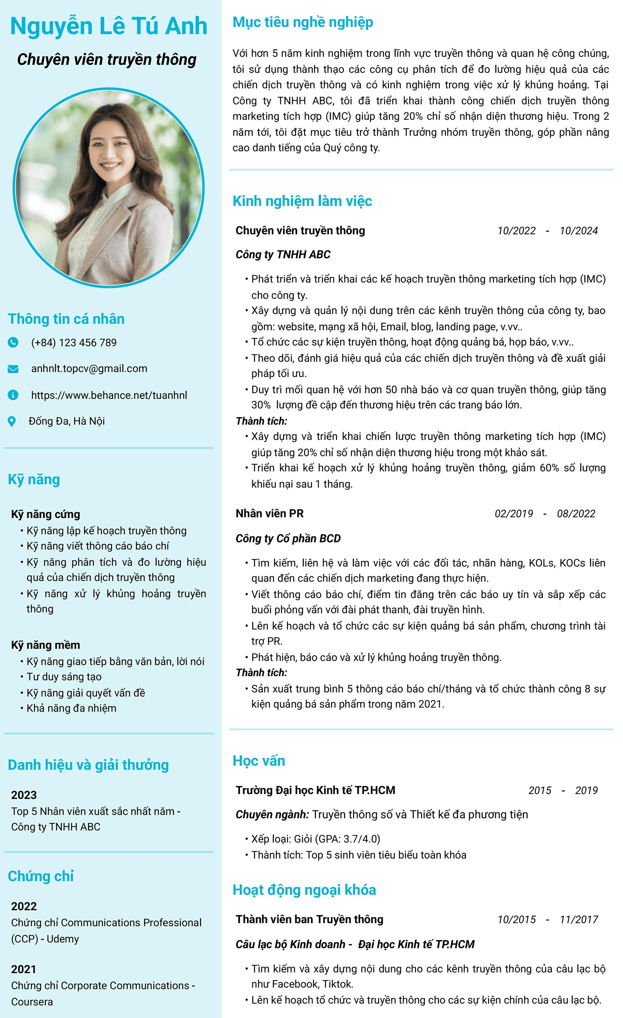 Mẫu CV Chuyên viên truyền thông